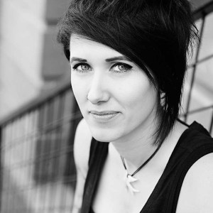 A black and white photo of Sarah Schumacher